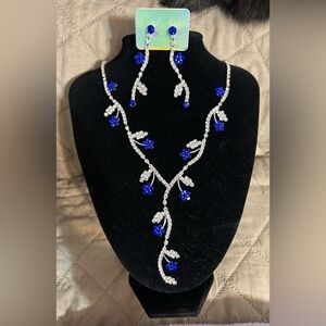 Crystal Vine Necklace & Earring Set with Blue Flower Accents